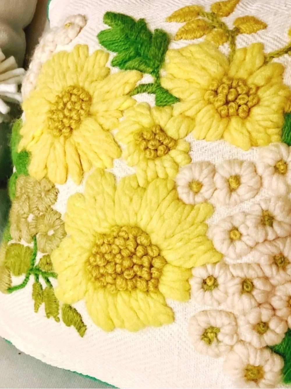 Vintage Cottagecore Chunky Crochet Crewel Floral Throw Pillow